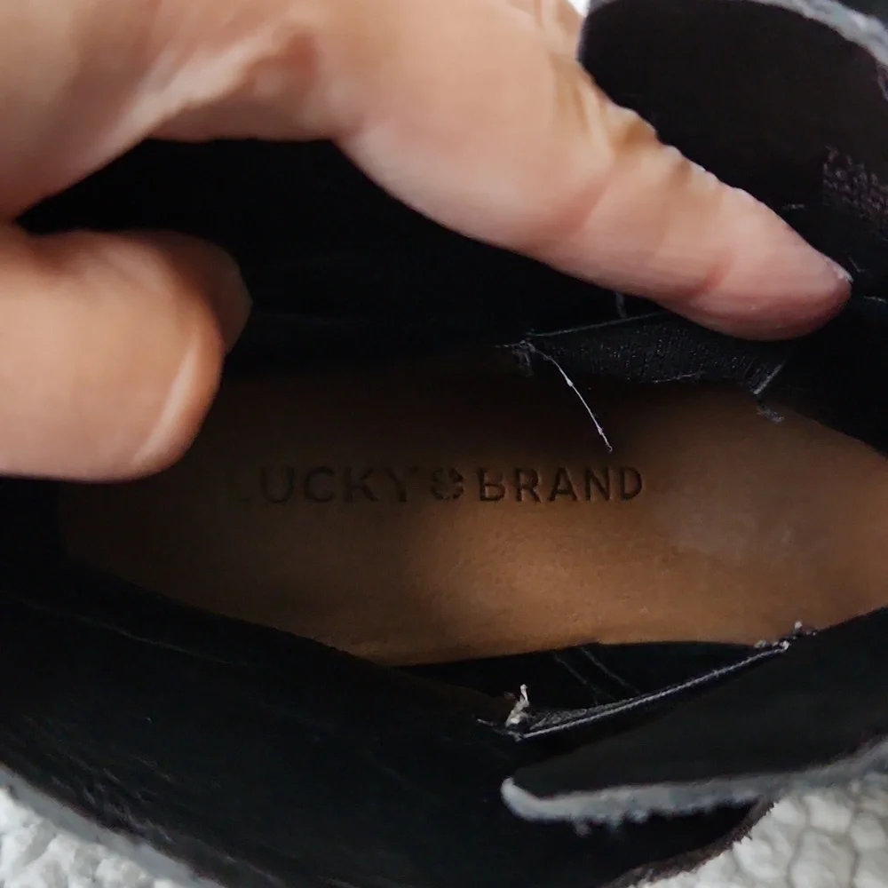 Lucky Brand genuine leather stacked wooden wedge heel boots